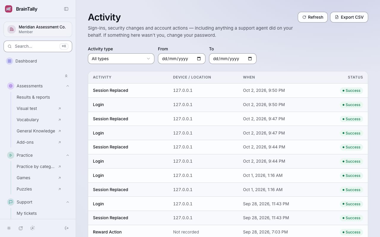 Activity: every action, newest first, with the device and approximate location.