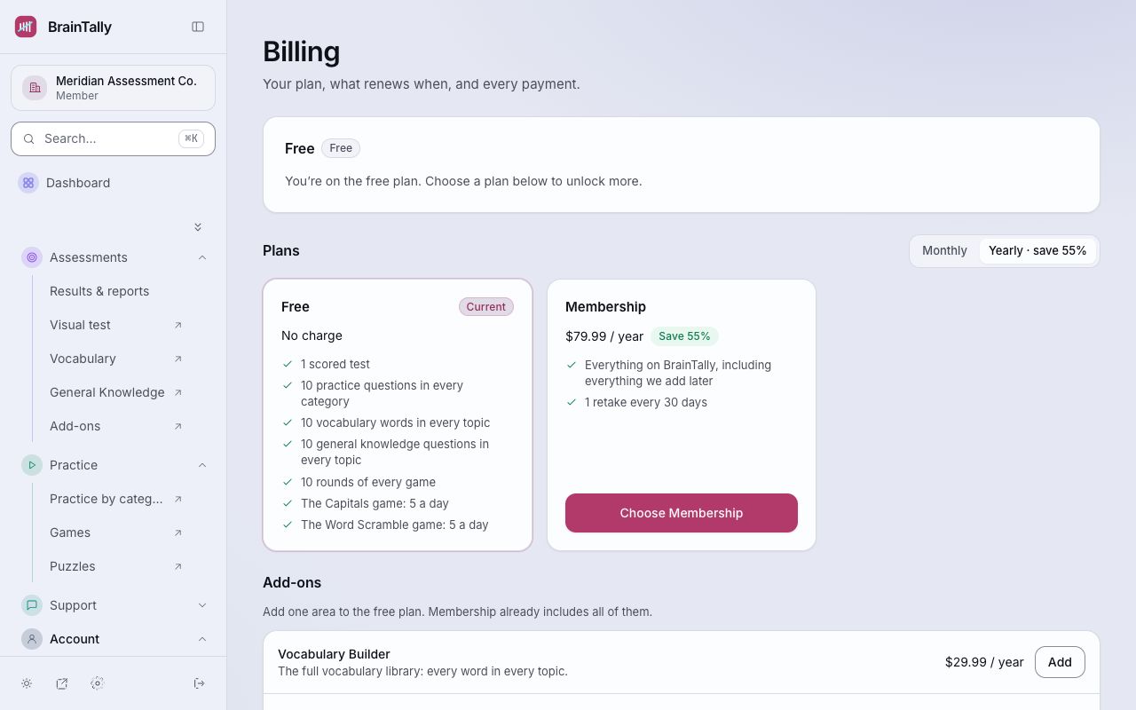 Billing: your plan, what renews when, and every payment.