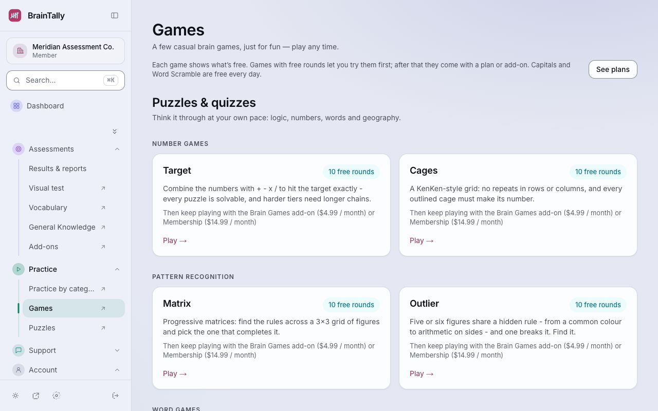 All games, grouped by skill. Each shows what's free.