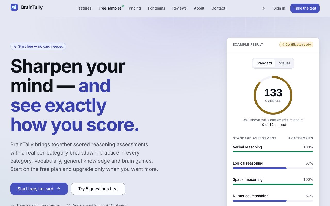 Sign in and Take the test are at the top right of every page.