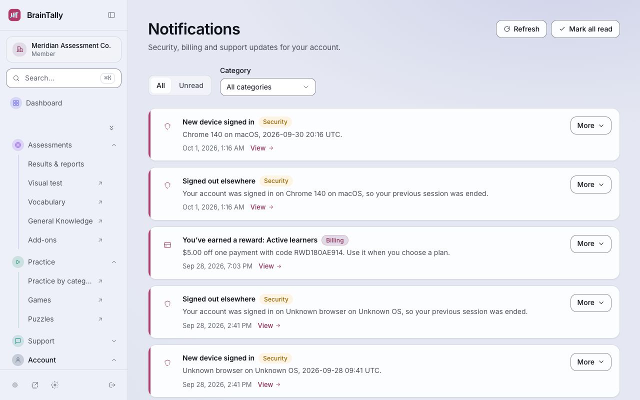 Notifications: unread ones first, each with a link to what it's about.