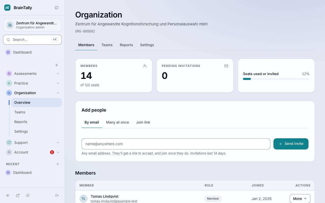 The Organization page for an admin: members, seats and the ways to add people.