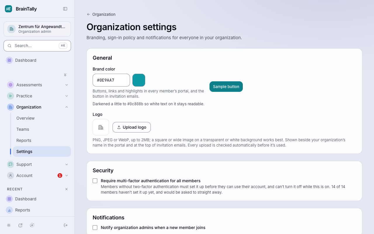 Organization settings: brand colour, logo, two-step sign-in and notifications.