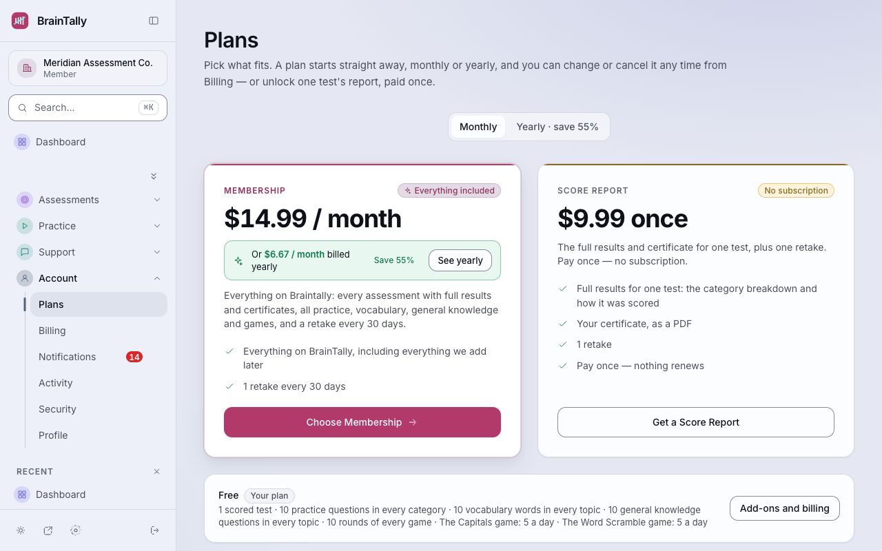 Plans in your account. Switch between monthly and yearly.