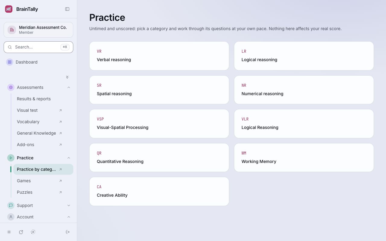 Practice by category: every category of the standard and visual tests.