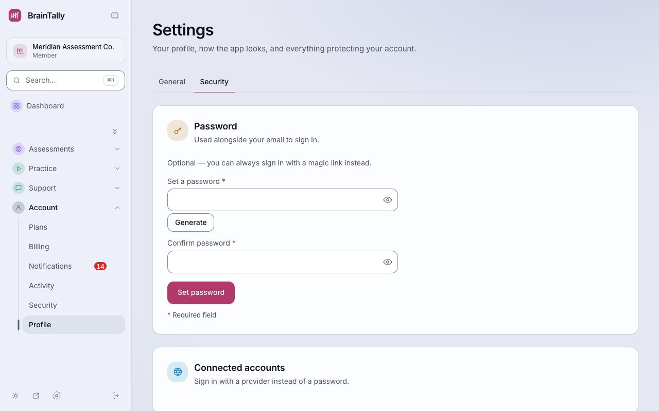 Profile → Security: password, connected accounts, two-step sign-in and sessions.