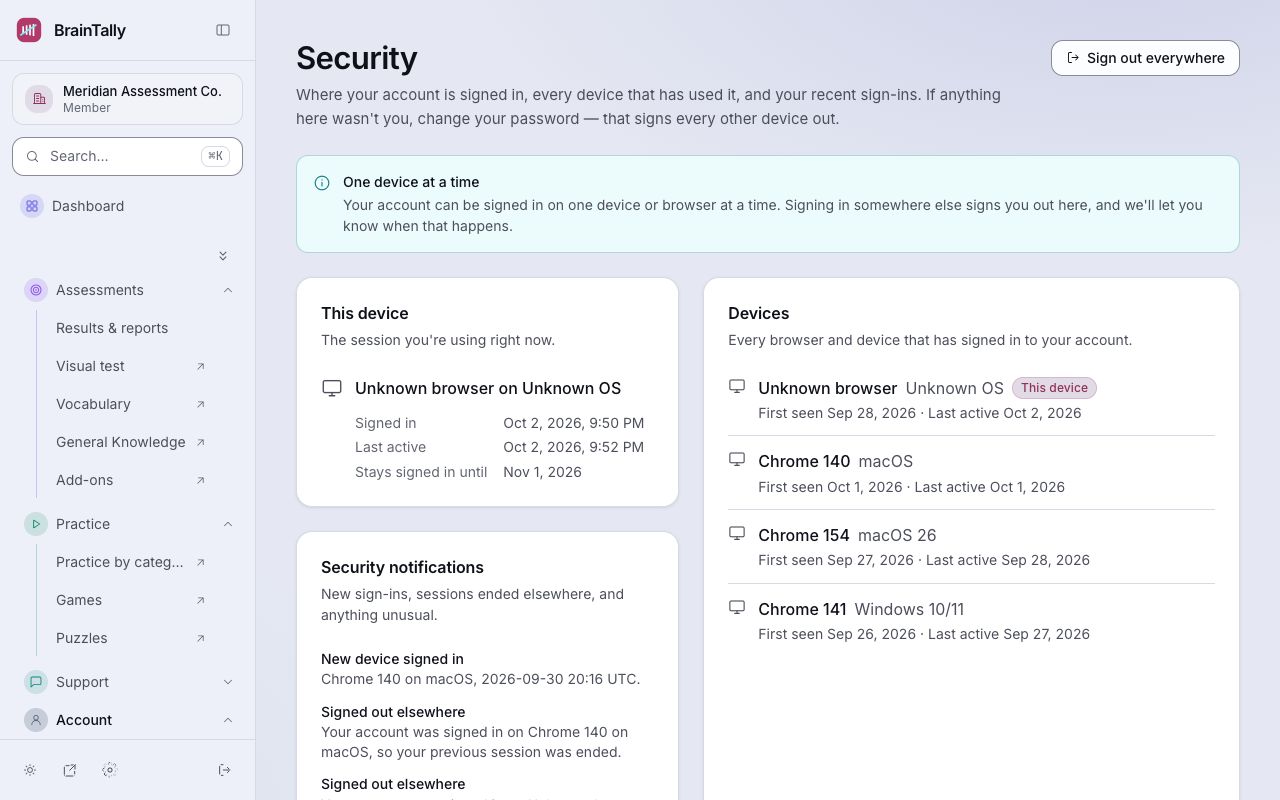 Security: this device, other sessions, devices and sign-in history.