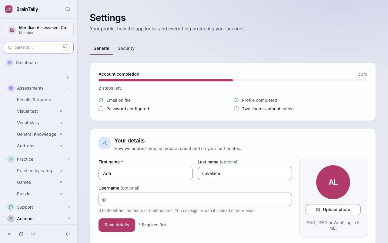 Profile → General: what's left to set up, your details and photo.