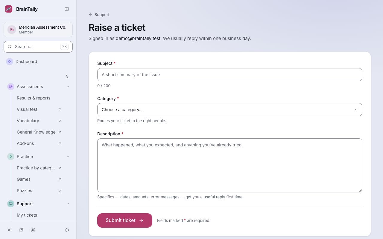 A new ticket: subject, category and what happened.