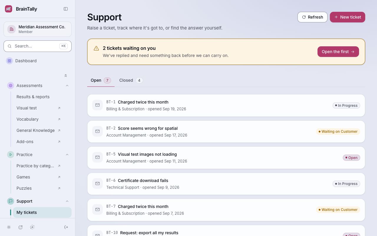 Support: your open and closed tickets, and the help articles.