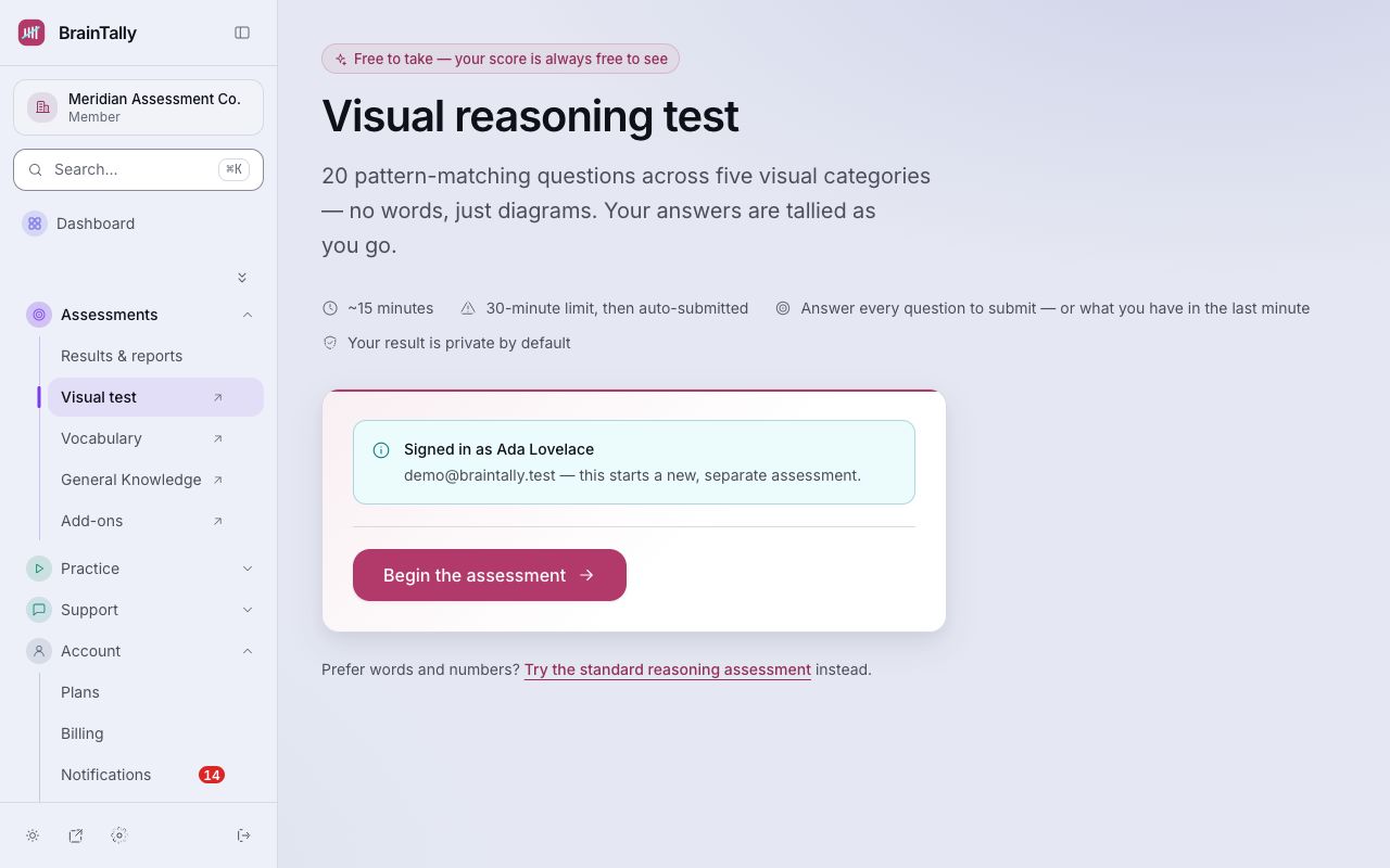 The visual test's start page.