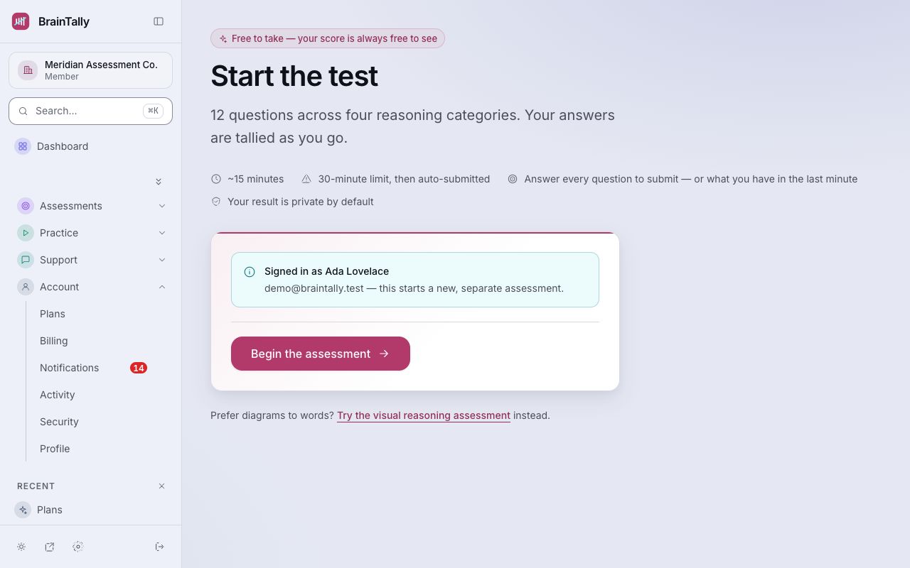 The test's start page: what it covers, how long it takes, and the time limit.